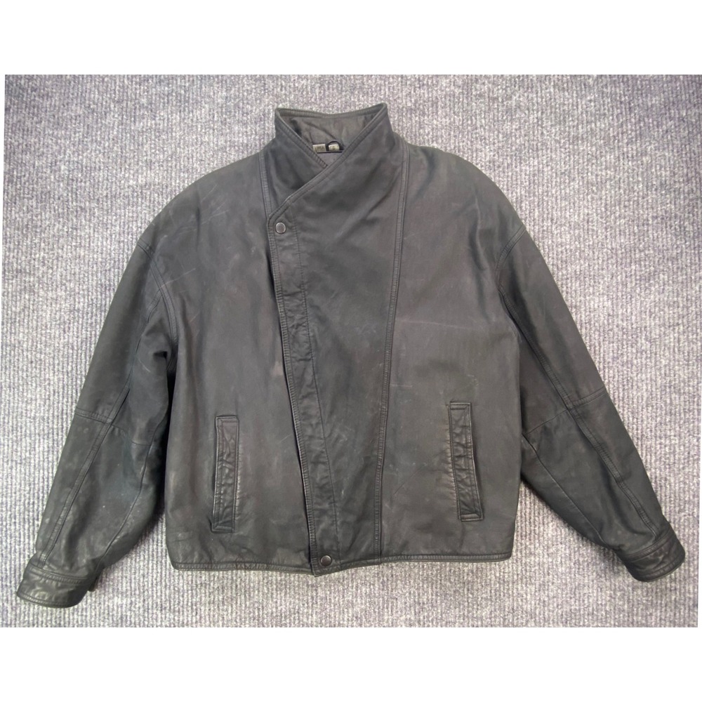 Vintage 80s Wilsons Leather Asymmetrical Bomber Jacket Men's L Black Pile Lined